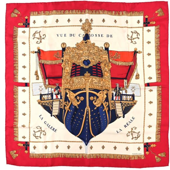 Hermès Silk Vue Du Carosse De La Galere La Reale Scarf 90 Red scarf - Picture 1 of 7